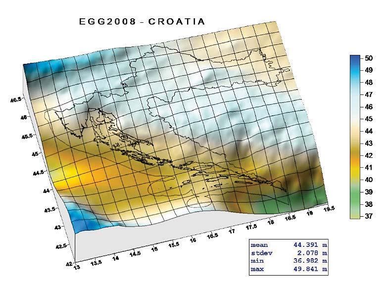 Slika 3: EGG2008 ploha kvazigeoida na području Hrvatske 3.